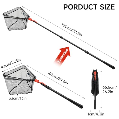 SAN LIKE Fishing Net Fish Landing Net Collapsible Fish Net with Anti-Slip Telescoping Rubber Pole Handle for Kids Adults in Saltwater Freshwater Multi-Size Extending to 37/42/43/51/69/71/89/98inch - color: Orange Fiberglass Pole,Length 38.2" to 70.9"