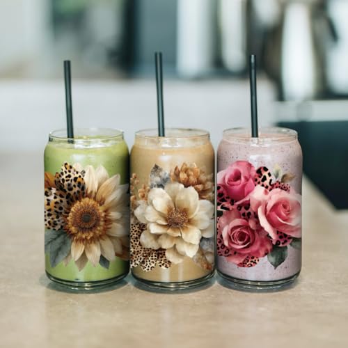 arricraft 10 Sheets Leopard Print Flowers UV DTF Cup Wrap for 16OZ Glass, Rose Sunflower Rub on Decals PVC Transfer Stickers for DIY Cups Wood Funiture 24x11cm/9.4x4.3inch - style: Leopard Print Flowers Theme