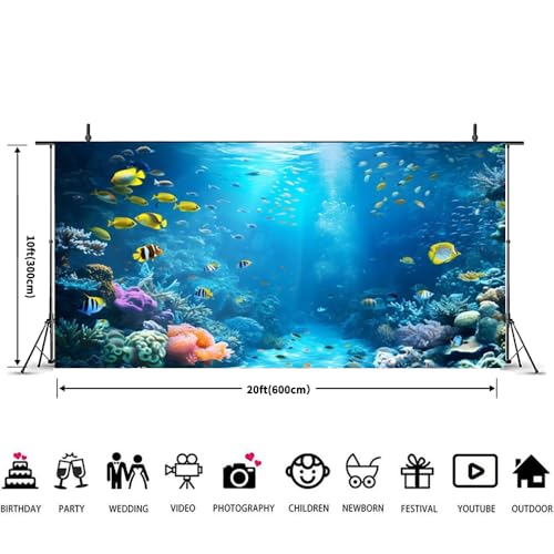 Under The Sea Backdrop 20x10ft Ocean Backdrop Underwater World Colorful Tropical Fish Coral Aquarium Deep Sea Sunlight Photography Background Birthday Under The Sea Party Decorations Photo Props - color: Blue2, size: 20x10ft