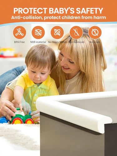Baby Proof Edge Corner Protector, 16.4FT 0.47''Th L-Shape Furniture Corner & Edge Safety Bumper with 10 Corners, Pre-Taped, Soft NBR Rubber Foam Desk Edge Cushion Wall Corner Protector(White-gray) - color: White, size: 0.47''Th (16.4ft)