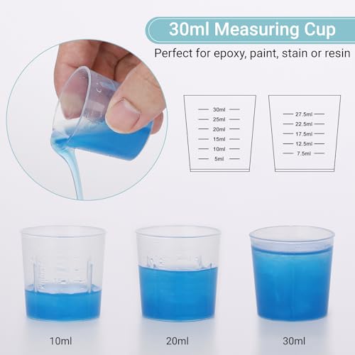 Gartful Resin Measuring Cups and Sticks, 200PCS Disposable Mixing Cups Set - 100PCS 30ml Graduated Measuring Cups and 100PCS Wooden Stir Sticks for Epoxy Resin, Glue, Paint Pouring - color: Clear cups+wooden stick, size: 30ml