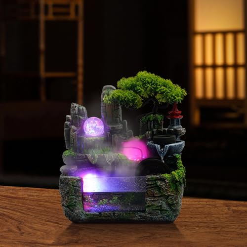 Indoor Rockery Desktop Fountain Waterfall Decor, LED Atomizing Office Decor, Water Sound with Rockery Aquariums Plant Atomizing Fish Tank for Office Crafts Decorative