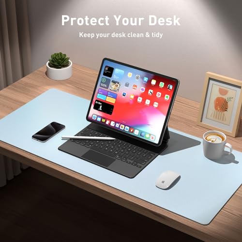 Aothia Leather Desk Pad Protector, Mouse Pad, Office Desk Mat, Non-Slip PU Leather Desk Blotter, Laptop Desk Pad, Waterproof Desk Writing Pad for Office and Home (23.6" x 13.7", Baby Blue) - color: Baby Blue, size: 23.6" x 13.7"