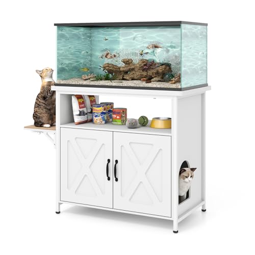Verano Garden 40-50 Gallon Fish Tank Stand with Hidden Cat Litter Box Enclosure Furniture, Cat Viewing Aquarium Stand with Storage Shelf & Side Cat Perch, 36.2"x20.5" Tabletop, 660 LBS Capacity - color: White