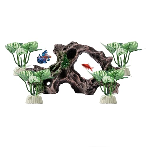 5pcs Driftwood Cave Aquarium Decor, Fish Tank Decorations Silk Aquarium Plants for Betta Fish Tank acccessories (Driftwood) - color: Driftwood Cave
