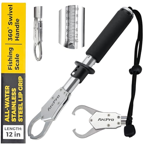 2-in-1 Fish Lip Gripper, 12" Stainless Steel Fish Gripper with Scale, 60lb Weighing Fish Grabber, 360° Non-Slip Swivel Handle, Tool for Saltwater & Freshwater - size: 12"