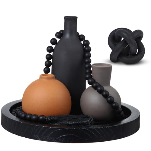 6 Pieces Ceramic Vase Set for Table Centerpieces Decor Include Wood Chain Link Bead Garland Boho Rustic Serving Tray for Home Table Living Room Dining Decoration(Black) - color: Black