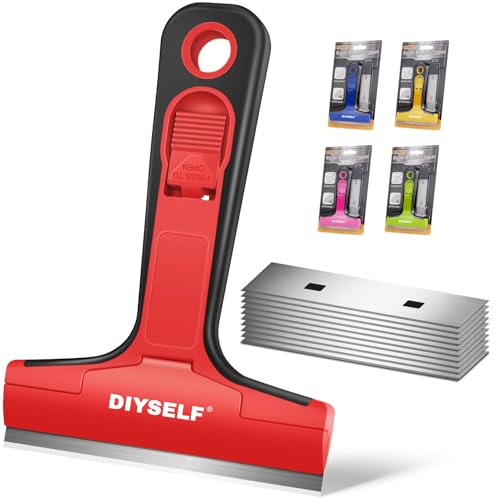 DIYSELF Razor Blade Scraper, 1 Pack Scraper Tool with 10pcs 4-Inch Blades, Razor Scraper for Cleaning Glass, Window, Stove Top, Oven, Kitchen, Cooktop, Shower Door, Sticky Residue, Tile, Wallpaper - color: Red, size: 10PCS Metal Blades