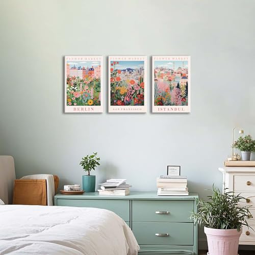XLARTMY Flower Market Wall Art Prints Canvas Orange and Pink Floral Paintings Colorful Botanical Travel Flower Posters for Home Decor Pictures Set of 3 for Living Room Bedroom 16x24in Unframed - color: Flower Market ORange-2, size: 16x24in Canvas