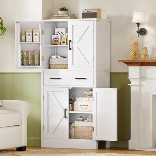 TEENFON 53" H Pantry Cabinet with 2 Drawers, Kitchen Storage Cabinet with 4 Door Shelves, Kitchen Pantry for Living Room, Dining Room, Bathroom, White - color: White Door Shelves
