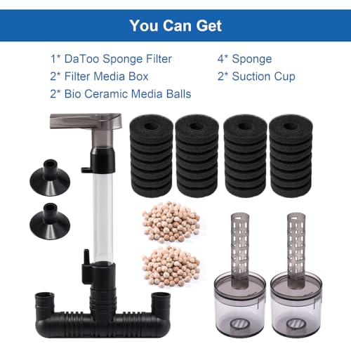 DaToo Aquarium Sponge Filter Fish Tank Foam Filter Quiet Submersible Bio Sponge Filter with 2 Spare Sponges and 1 Bag of Bio Ceramic Media Balls - size: DT-100A (10 to 40 gallons)