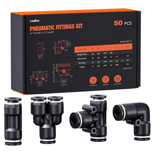 1/2" OD Push to Connect Fittings Kits –50PCS Air Line Connectors with Tee, Straight, Elbow, Splitters, Quick Connect Pneumatic Fittings, Push Lock Air Hose Fittings for Compressor, Air Tools & Tubing - color: 1/2" OD, size: Assorted kit(50pcs)