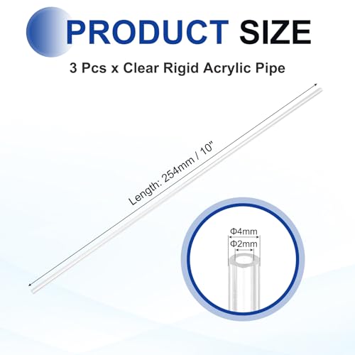 uxcell 3Pcs Clear Rigid Acrylic Pipe, 2mm (0.08") ID x 4mm(0.16") OD 254mm(10") Length Plastic Round Tube PMMA Tubing for Plumbing Lighting Aquarium Tube Water Cooling System - size: 2mm (0.08") ID x 4mm(0.16") OD x 254mm(10") L