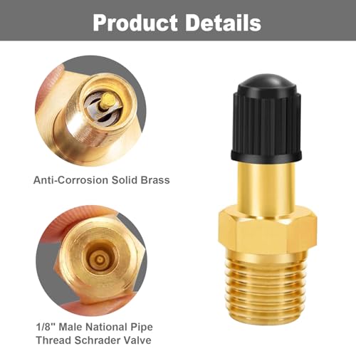 GODESON 1/8" NPT Tank Valve, Anti-Corrosion Brass Schrader Valve with 1/8" Male NPT and Caps, Air valve Using with Air Compressor Tanks (Pack of 2) - style: 1/8"NPT(Pack of 2)