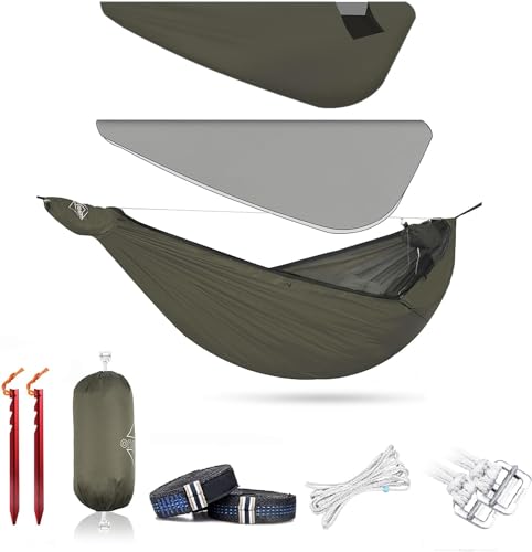 Onewind Airstream Camping Hammock with Mosquito Net and Windsock, Portable Hammock with Tree Straps and Bugnet for Winter Camping, Hiking, Backpacking, OD Green - color: Od Green Wth Wind Sock, size: 11' x 64"