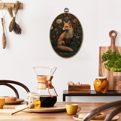 XFCICRLJ Vintage Moody Fox Wall Art Decor, Dark Cottagecore Botanical Fox Oval Canvas Prints Framed, Dark Academia Forest Fox Wall Art Decorations for Home Bedroom Living Room Decor, 11x8.5 Inch - color: fox01