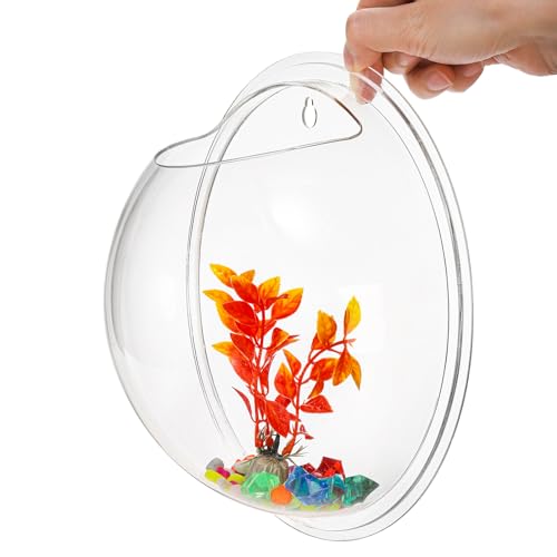 WUWEOT Hanging Fish Bowl, 9'' Acrylic Wall Mounted Fish Tank, 0.5 Gallon Hydroponic Air Plant Flower Pot, Transparency Bubble Vase Mini Aquarium Planter with Fake Plants and Colorful Stone