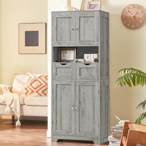 TEENFON 57.8" H Tall Storage Cabinet with 2 Drawers & 2 Adjustable Shelves, Bathroom Storage Cabinet with 4 Doors, Floor Cupboard, for Living Room, Dining Room, Entryway, Woodgrain Gray - color: Grey 2 Drawers