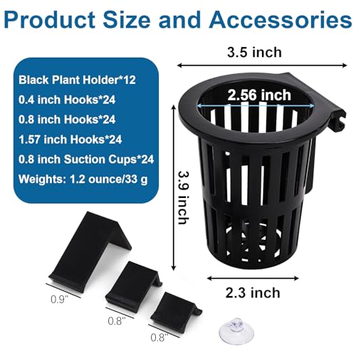 Lawei 12 Pack Aquarium Plant Holder with 3 Size Extension Hooks and Suction Cups, Large Hanging Aquarium Plant Holder, Aquatic Planter Cups Pots for Fish Tank Cultivation and Aquascape Decorations