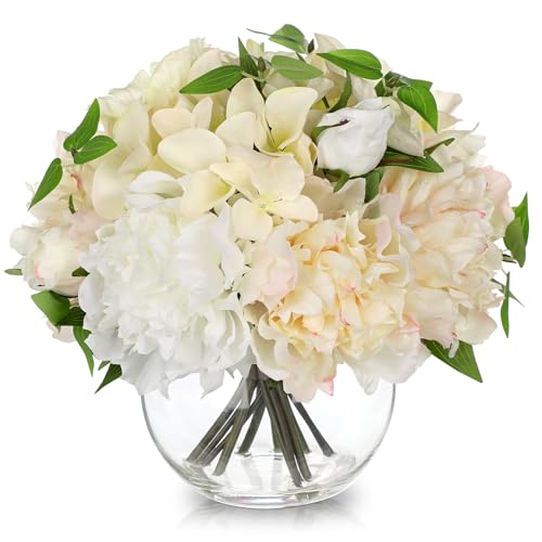 Artificial Flower in Vase, Faux Silk Flowers Arrangement Peony Hydrangea Poppy Eucalyptus Bouquet with Faux Water, Fake Floral Centerpiece for Dining Table Home Decor Wedding Office Shelf - White - color: White