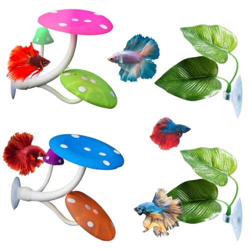 4pcs Betta Fish Leaf Hammock Mushroom Silicone Betta Bed Realistic Betta Resting Spot Betta Aquarium Decor for Small Shrimp Fish Tank Aquarium Decorations - color: 2 Leaf+2 Mushroom