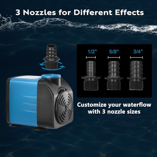 TONGCHANT Submersible Pump, 480GPH & 8.2ft Lift | 35W Adjustable Flow Fountain Pump for Small Pond Fish Tank & Aquarium, 3 Nozzles(1/2", 5/8" & 3/4"), Fish Safe & Ultra Quiet Operation, ETL Listed - size: 480GPH