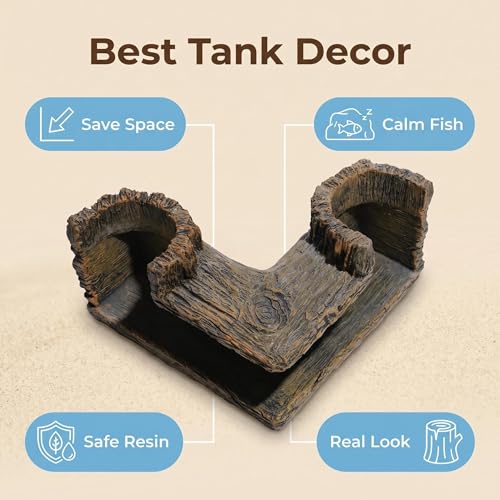 Aquarium Corner Cave Tunnel Decoration, Resin Fish Tank Hideout for Betta, Shrimp, Cichlid and Guppy, L-Shaped Underwater Hollow Log Ornament