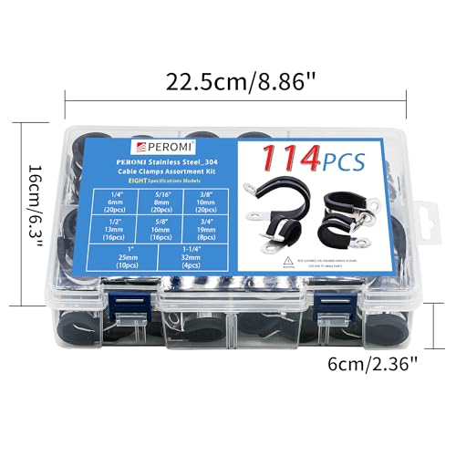 114PCS 304 Stainless Steel Cable Clamps Kit, 8 Sizes 1/4"-1-1/4" | Riveted Reinforced, Rubber Cushioned Insulated Loop, Pipe Clips, Automotive Engine Marine Boat RV, Hose Cable Management - size: 8 Sizes(6mm-32mm) 114pcs