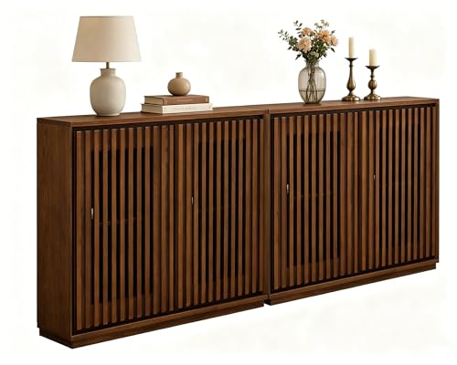LKTART Narrow Buffet Cabinet Sideboard with Storage,Mid Century Modern Small Accent Credenza Cabinet with Doors & Shelves,Wood Coffee Bar TV Media Console Table for Kitchen,Entryway,2 Pieces - color: B- Walnut, size: 2 Pieces