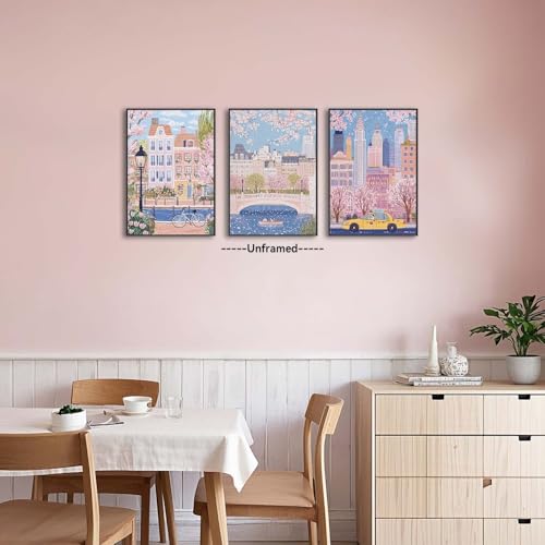 XLARTMY Watercolor City Landscape Travel Wall Art Canvas Framed Pink Cherry Flower Poster Girly Prints Painting Pictures Set of 3 for Bedroom Living Room Office 16x24in Unframed - color: Watercolor City PB, size: 16x24in Poster