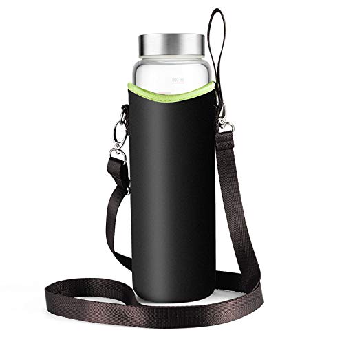 Sursip 32 oz Glass Water Bottle - Nylon Bottle Protection Sleeves, Stainless steel Lid, And 1L Time Marked Measurements, Reusable, Eco-Friendly, Safe for Hot Liquids Tea Coffee Daily - color: Wide-Black