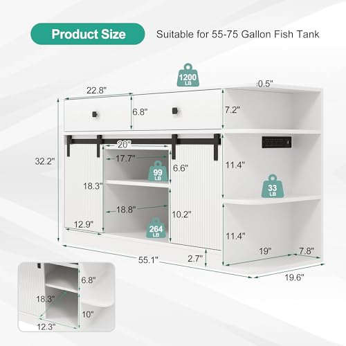 JIJIWANG 75 Gallon Fish Tank Stand with LED Light & Power Outlets, 55-75 Gallon Aquarium Stand with Sliding Fluted Doors, 2 Large Cabinet and Storage Shelves for Fish Tank, 1200 lbs Capacity White - color: White, size: 55.1"L x 19.6"W x 32.2"H