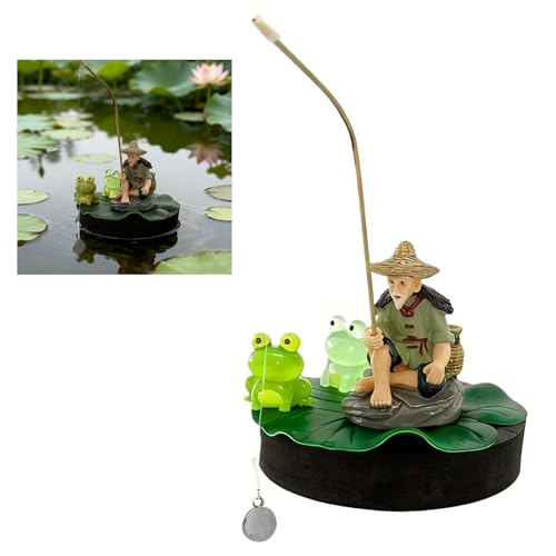 Floating Fish Tank Decorations, Mini Fisherman Aquarium Decor with Lotus Leaf and Fishing Rod, Floating Aquarium Ornaments with Interactive Feeder for Small Fish
