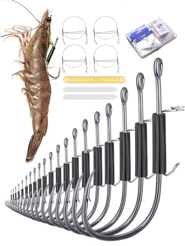 24Pcs Live Shrimp Hooks Saltwater Fishing Hooks - 3X Strength Stainless Steel Steel Wire Rig Accessories Ready to Use 2 Sizes Rubber Bands Freshwater