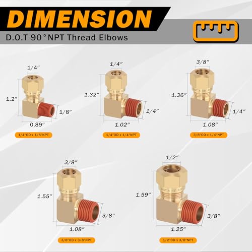 5PCS Air Brake Nylon Tubing Brass 90 Degree Union Elbow Fitting, 1/2" Tube OD x 3/8" NPT Thread Air Compression Fittings for Nylon Hose with DOT Approved for Truck Trailers - size: 1/2" OD x 3/8" NPT, style: 90°NPT Thread Elbows-5PCS