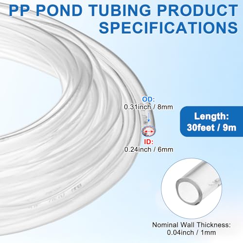 M METERXITY Vinyl Tubing 6mm ID x 8mm OD 30ft Flexible Plastic Tube with 2 Hose Ties, Lightweight Hybrid PVC Hose for Water Gardening/Airline/Aquarium Tubing [Clear] - size: 6mm ID x 30ft
