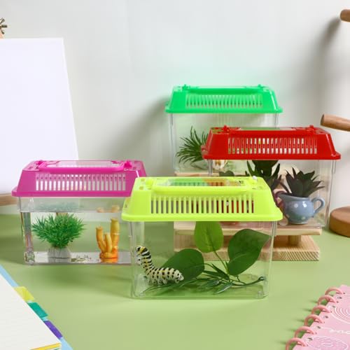 HANABASS Portable Fish Tank Handheld Aquarium with Handle Transparent Plastic Mini Fish Box for Turtle Hamster and Small Pets Compact 5.90X4.33X3.74 Inch Breeding Case Set of 4