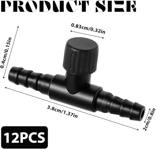 12Pcs Aquarium Air Control Valves for 3/16" (4mm) ID Airline Tubing, Adjustable Black T Shaped Hose Connectors Single Way Plastic Air Flow Controllers Regulators, Air Pump Accessories for Fish Tank