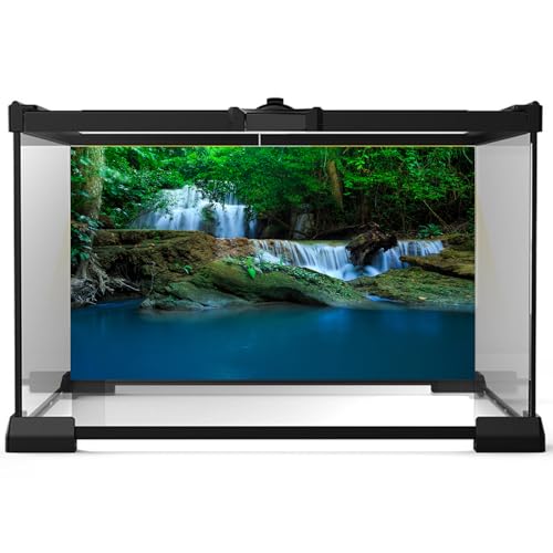 Cascading Waterfall Aquarium Background Jungle Forest Stream Terrarium Backgrounds Big Rocks Falls Green Trees Fish Tank Background Natural Waterfall Forest Reptile Tank Enclosure Backgrounds 24x12in - color: Dark Blue_Green, size: 24(W)x12(H)inches/ 60(W