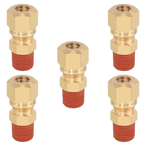 5PCS D.O.T Brass Compression Straight Union Fittings, 1/4" Tube OD x 1/8" NPT Thread Air Compression Union Nylon Tubing for Truck Airlines and Industrials - size: 1/4" OD x 1/8" NPT, style: Straight Male NPT Thread-5PCS