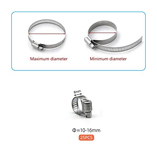 ZIPCCI Hose Clamp, 25 Pack Stainless Steel Worm Gear fuel line hose clamps, 10-16mm (3/8-5/8 inch) - size: 10-16mm