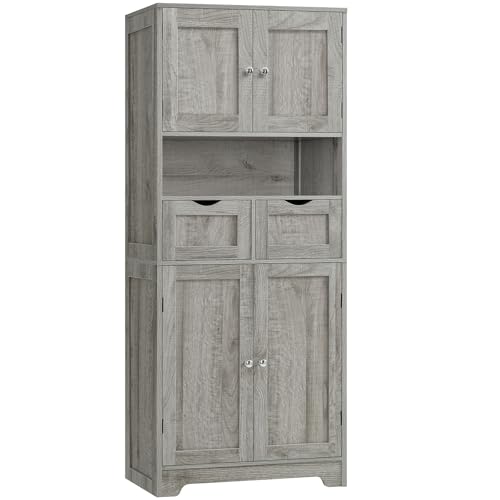 TEENFON 57.8" H Tall Storage Cabinet with 2 Drawers & 2 Adjustable Shelves, Bathroom Storage Cabinet with 4 Doors, Floor Cupboard, for Living Room, Dining Room, Entryway, Woodgrain Gray - color: Grey 2 Drawers
