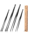 4 Pcs Fine Long Tweezer Tongs Professional Black, 12'' and 10'' Stainless Steel for Kitchen, Food, Cooking, Repairing, Sea food and BBQ - color: Black