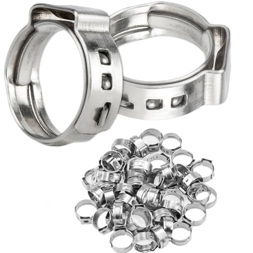 LAZIRO 50Pcs 10.8mm-13.3mm （3/8""）Single Ear Hose Clamp Hose Crimp Clamps Ear Crimp Rings Ear Stepless Hose Clamp Pinch Clamps for Hose Pipe Clamp Tools (3/8inch), Silver - size: 3/8inch