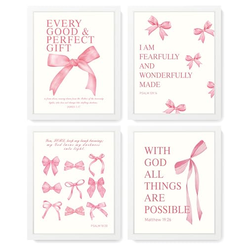 LARTSFRO Coquette Pink Bow Wall Art Decor Posters, Pink Bow Room Bedroom Bathroom Dorm Wall Art Decor Aesthetic for College Teen Girls Gifts, Inspirational Bible Verses Bow Wall Decor, 10x8 Inch Set of 4 Pcs Bow Pictures (WHITE FRAMED) - color: White-Fram
