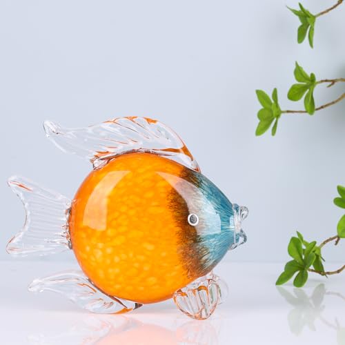 LCCCK Large Glass Fish Figurines Hand Blown Glass Fish Statue and Sculpture Home Decor, Murano Animal Tropical Sea Glass Paperweights for Desk, Glass Aquarium Coastal Beach Decorative (Orange) - color: Orange