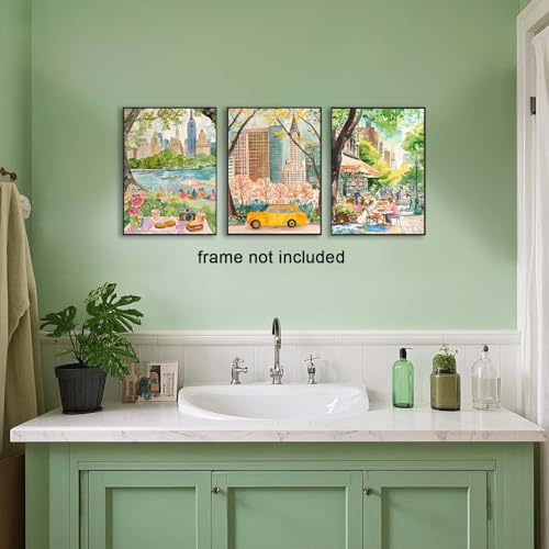XLARTMY New York City Poster Travel Wall Art Canvas Framed Watercolor NYC Central Park Landmarks Artwork Decor Painting Prints Pictures Set of 3 for Bedroom Living Room Office 12x16in Unframed - color: Watercolor City, size: 12x16in Poster