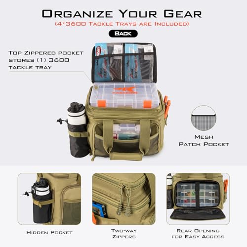 KastKing Karryall Fishing Tackle Bags with 4 * 3600 Tackle Trays - Saltwater & Freshwater Fishing Gear Storage - color: Khaki, size: Medium - 4*3600 Trays
