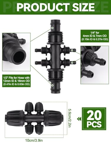 20PCS Locked Barbed Tee Connectors, Kalolary 1/2” to 1/4” Drip Irrigation Fittings Kit 12/16mm to 4/7mm Tube Lock Female Connector 6-Way Barbed Lock Irrigation Parts for Watering System (Black) - color: Black 1/2" to 1/4" 6-Way