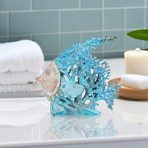 VVGIFTS Beach Coastal Decor Coral Reef Angelfish Home Office Desk Decor Sculpture Statue for Tabletop Shelf Bathroom Decoration Ornament Gift (Turquoise and Blue) - color: Turquoise and Blue